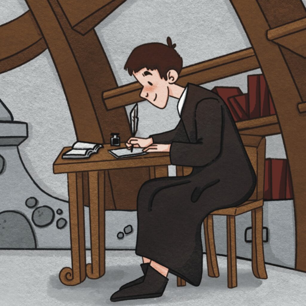 William Tyndale sitting at a table writing
