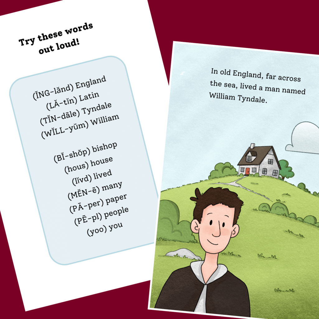 Shows  two pages from the book. The first page is the pronunciation page for words that may be more difficult for 6-7 year olds. The second page is the first page of the story to show what the book looks like inside.